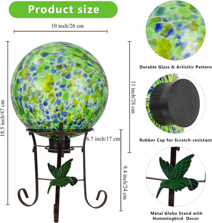 10 Inch Glass Gazing Ball, with 9.4" Tall Metal Gazing Globe Stand, Glass Balls Display Holder Set for Outdoor Garden Lawn Yard Decoration, Bright Summer Burst