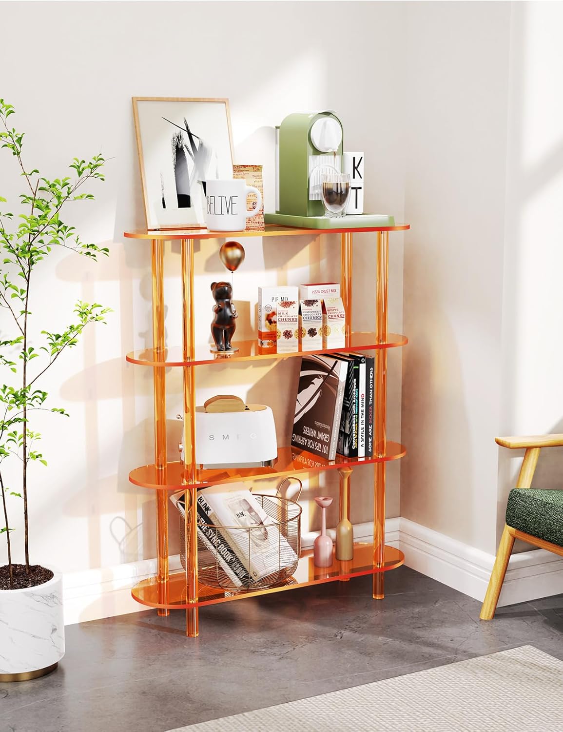 Clear Bookshelf, Acrylic Bookcase with Open Book Shelf for Office Living Room Bedroom (4 Tier Orange)