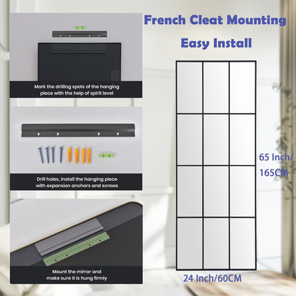 Windowpane Mirror Full Length 65"x24" Art Pane Wall Mirror Farmhouse Decorative Leaning Hanging Wall Mounted for Bedroom Living Room Entrance