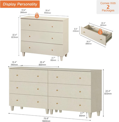 WAMPAT Dresser with 6 Drawers for Bedroom, 70.8" Wide Wooden Chest of Drawers, Modern Closet Storage Organizer Dressers with Solid Wood Legs for Living Room, Children's Room, Nursery, Beige
