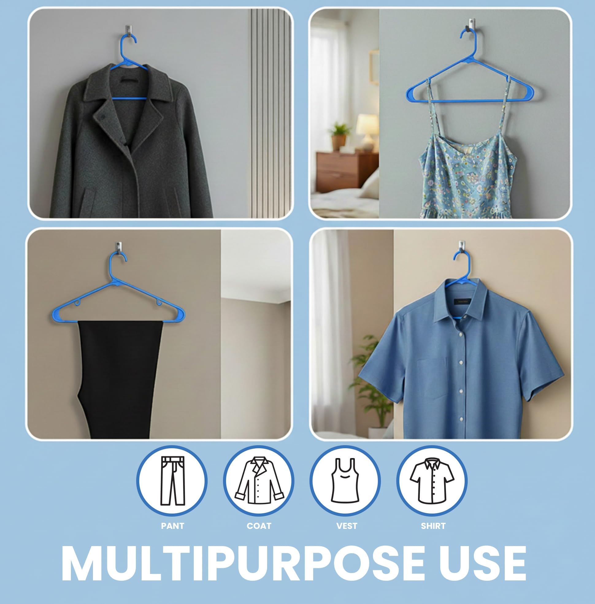 Utopia Home Plastic Hangers 50 Pack – Built-in Strap Hooks Blue
