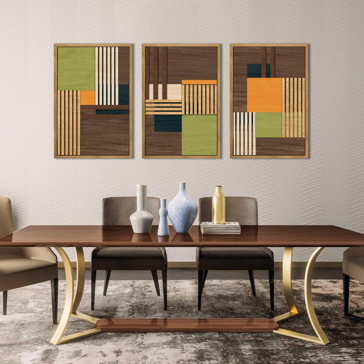 Large Modern Abstract Wall Art Set Minimalist Line Wood Wall Decor Neutral Brown Art Decor Colorful Geometric Wooden Wall Sculptures for Living Room Bedroom Office-16x24Inchx3
