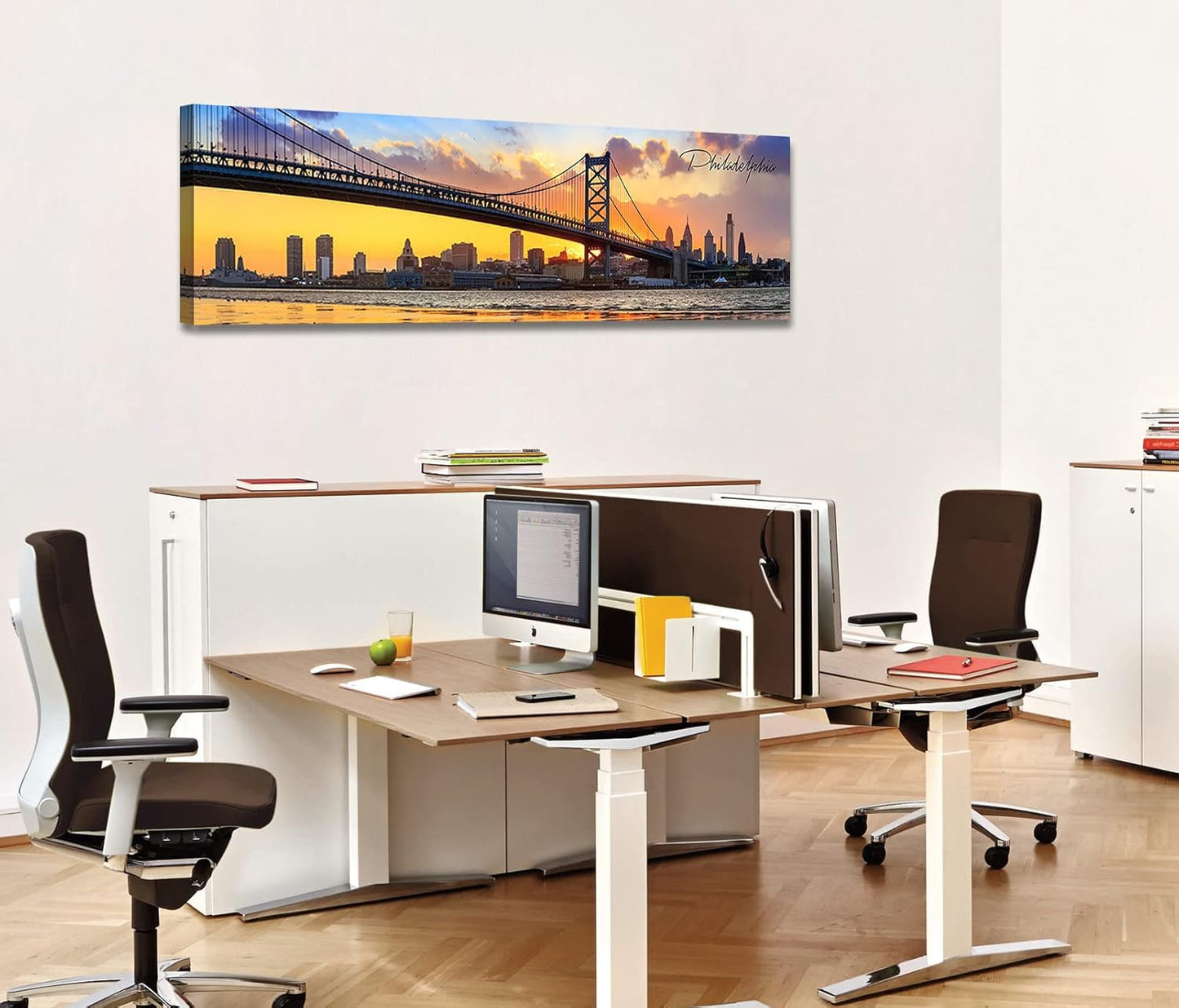 Philadelphia Skyline Wall Art Cityscape Living Room Decor Panorama Pictures City Building House Poster Canvas Print Bridge Sunset Scenery Office Bedroom Decorations Framed 13.8"x45.3"