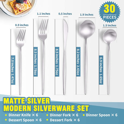 Matte Silverware Set for 6,Modern Stainless Steel Brushed Cutlery Set,30-Pieces Heavy Duty Flatware Set,Knives Spoons and Forks Set Utensils Set, Satin Finish, Dishwasher Safe