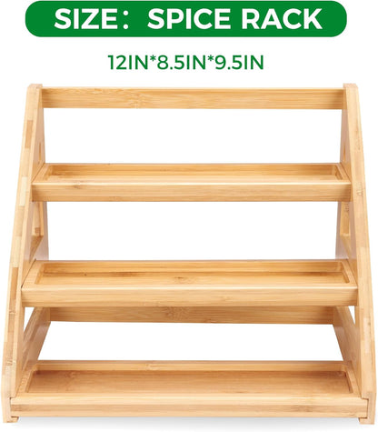 3-Tier Natural Bamboo Spice Rack Organizer - for Kitchen Cabinets, Countertops & Pantries - Space-Saving Tiered Shelf