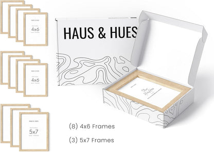 HAUS AND HUES Natural Oak Wood Gallery Wall Tabletop Frames Made with Real American Oak and Shatter-free Plexiglass - Set of 11 (Eight 4x6, Three 5x7, Framed Beige)