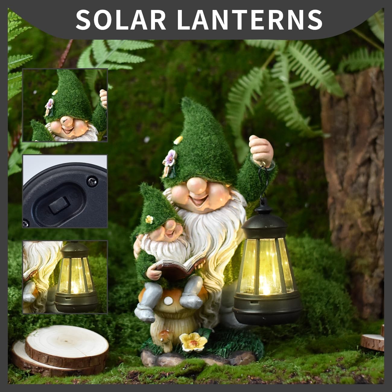 Solar Garden Gnome Statue Flocked Reading Parent & Child Gnomes with LED Light, Outdoor Waterproof Lawn Ornament Decor for Patio Lawn Yard Pathway Gift Idea for Women Mom Mothers Day