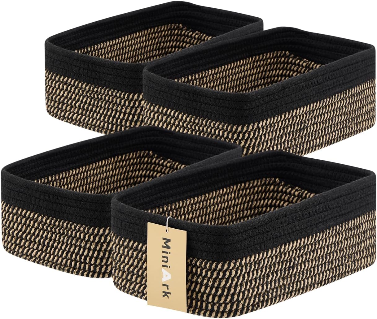 Small Storage Baskets for Organizing | Closet Organizer Bins | Shelf Toy Basket | Woven Rope Baskets | Cube Decorative Box | Shallow Basket | 11.5x7.5x4.7” | 4 Packs Black Brown