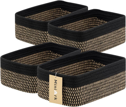 Small Storage Baskets for Organizing | Closet Organizer Bins | Shelf Toy Basket | Woven Rope Baskets | Cube Decorative Box | Shallow Basket | 11.5x7.5x4.7” | 4 Packs Black Brown