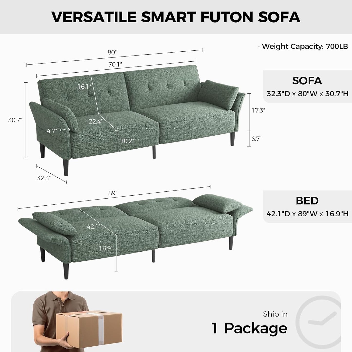 89” Futon Sofa Bed, Linen Comfy Futon Couch Bed with 2 Square Pillows, Convertible Sleeper Sofa with Adjustable Backrest& Armrests, Modern Loveseat Sleeper for Living Room, Bedroom, Green