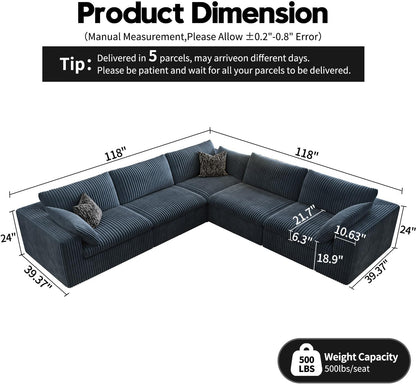 118" Cloud Couch Oversized Modular Sectional Sofa for Living Room,Modern Sofa with Deep Seat，V Shaped Boneless Couch,Comfy Upholstered Corduroy Couches for Apartment, Studio, Office,Bedroom，Blue