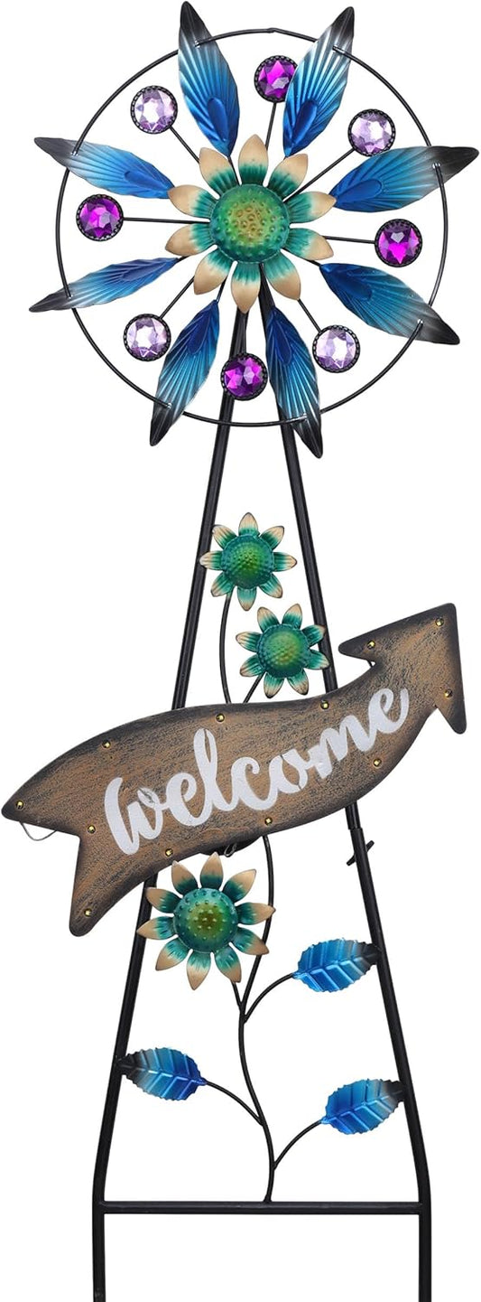 TERESA'S COLLECTIONS Peacock Garden Solar Stake, Wind Spinner Yard Art Sign for Outdoor Decor, Metal Purple Floral Windmill Decorative Garden Stake for Lawn Ornaments, Gifts for Mom, 37''