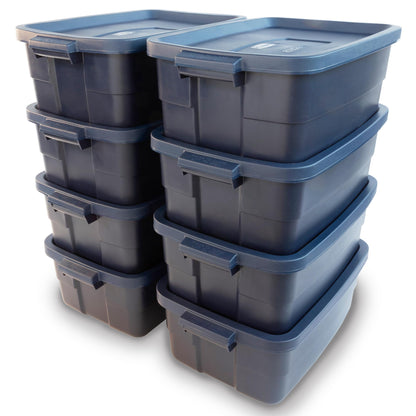 Rubbermaid Roughneck Tote 10 Gal, 8 Pack, Made in USA, Dark Indigo Metallic, Rugged Plastic