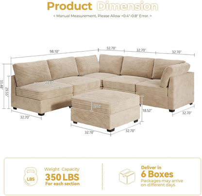 HOOOWOOO Modular Sectional Sofa,6 Pieces Sectional Couches for Living Room,98X98 L Shaped Cloud Couch with Ottoman Chaise Set(Beige Velvet Corduroy)
