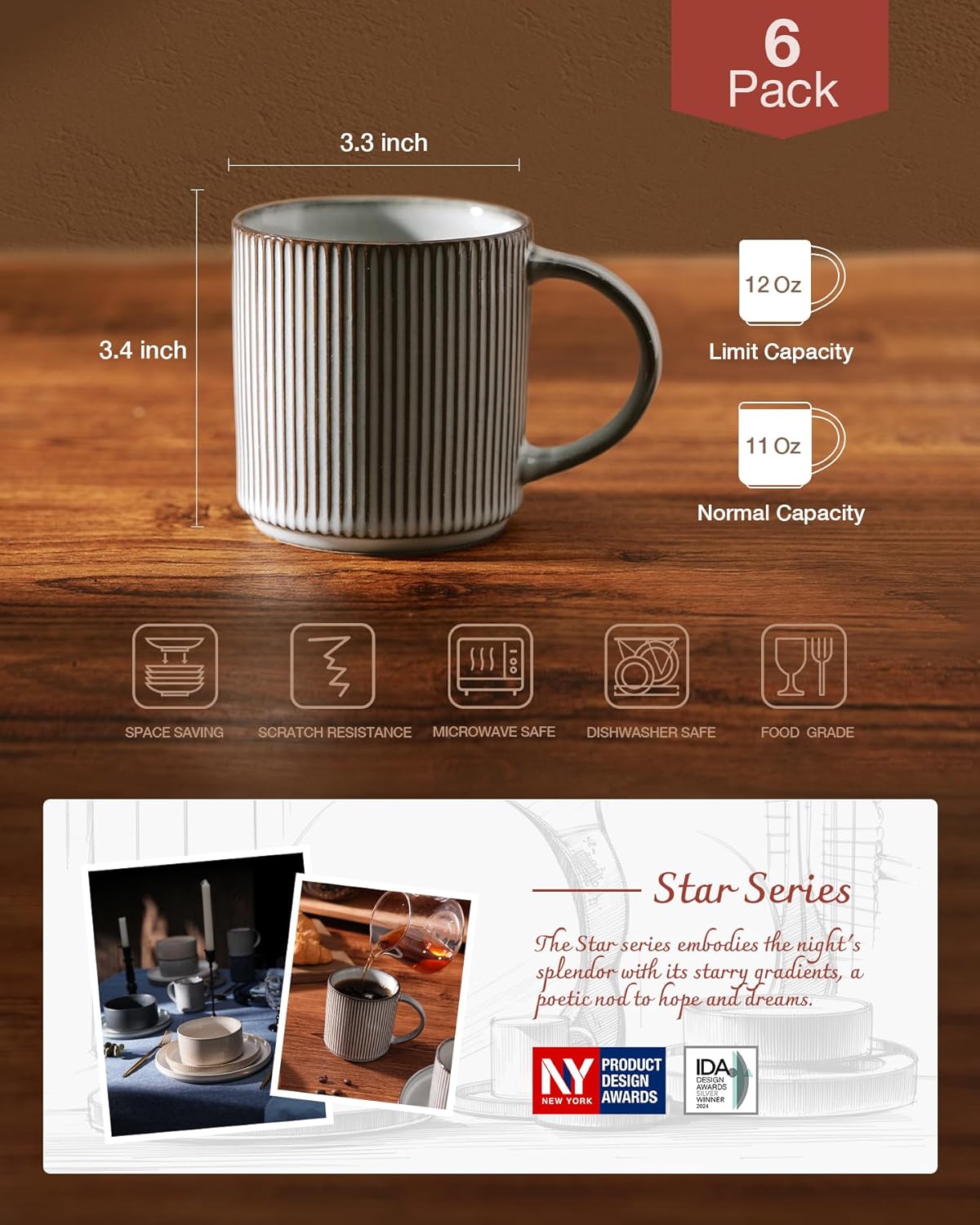 famiware Coffee Mug Set for 6, Star 12 oz Catering Mugs Cup Set with Handle for Coffee, Tea, Cocoa, Milk - Ceramic Stoneware Drinkware Set, Smoky Blue