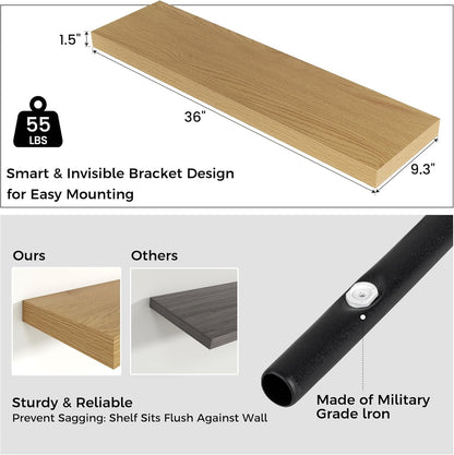 Floating Shelves for Wall, 2 Large Wall Mounted Shelves with Invisible Brackets, Long Wood Floating Wall Shelf Shelves for Living Room, Bedroom, Kitchen, (Oak, 36" W x 9" D x 1.5" H)