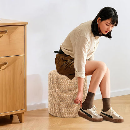 Pouf Ottomans, Handwoven Natural Straw Footstool, Round Braided Outdoor Patio Stool with Wood Frame, Boho Decor Accent Seat Balcony, or Garden (Natural)
