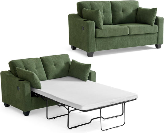 Pull Out Sofa Bed, Full Size Sleeper Sofa, 2-in-1 Convertible Corduroy Couch with USB Charging
