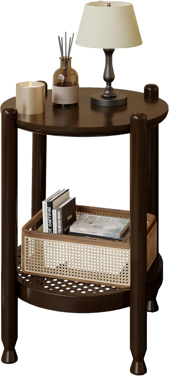 NSdirect Round End Table for Living Room, 2-Tier Rustic Wood Center Table for Home Decor with Boho Woven Rattan Storage Shelf | Modern Farmhouse Design, Easy Assembly, Black Brown
