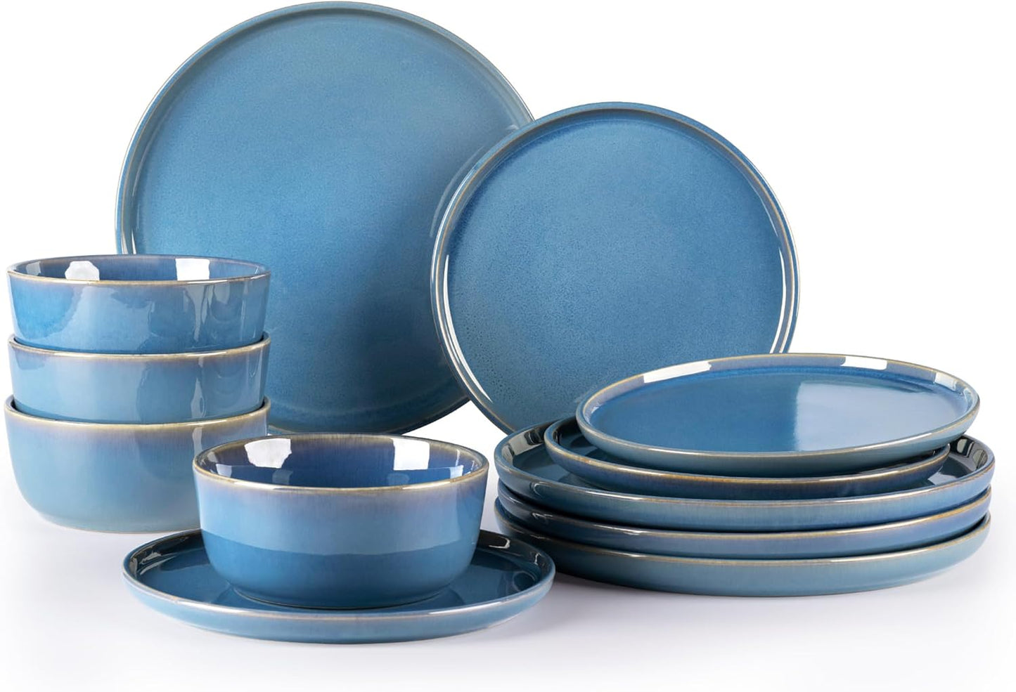 GBHOME Ceramic Dinnerware Sets for 4, 12 Pieces Stoneware Plates and Bowls Sets, Reactive Glaze Dishes -Scratch Resistant, Dishwasher&Microwave Safe-Alaskan Blue