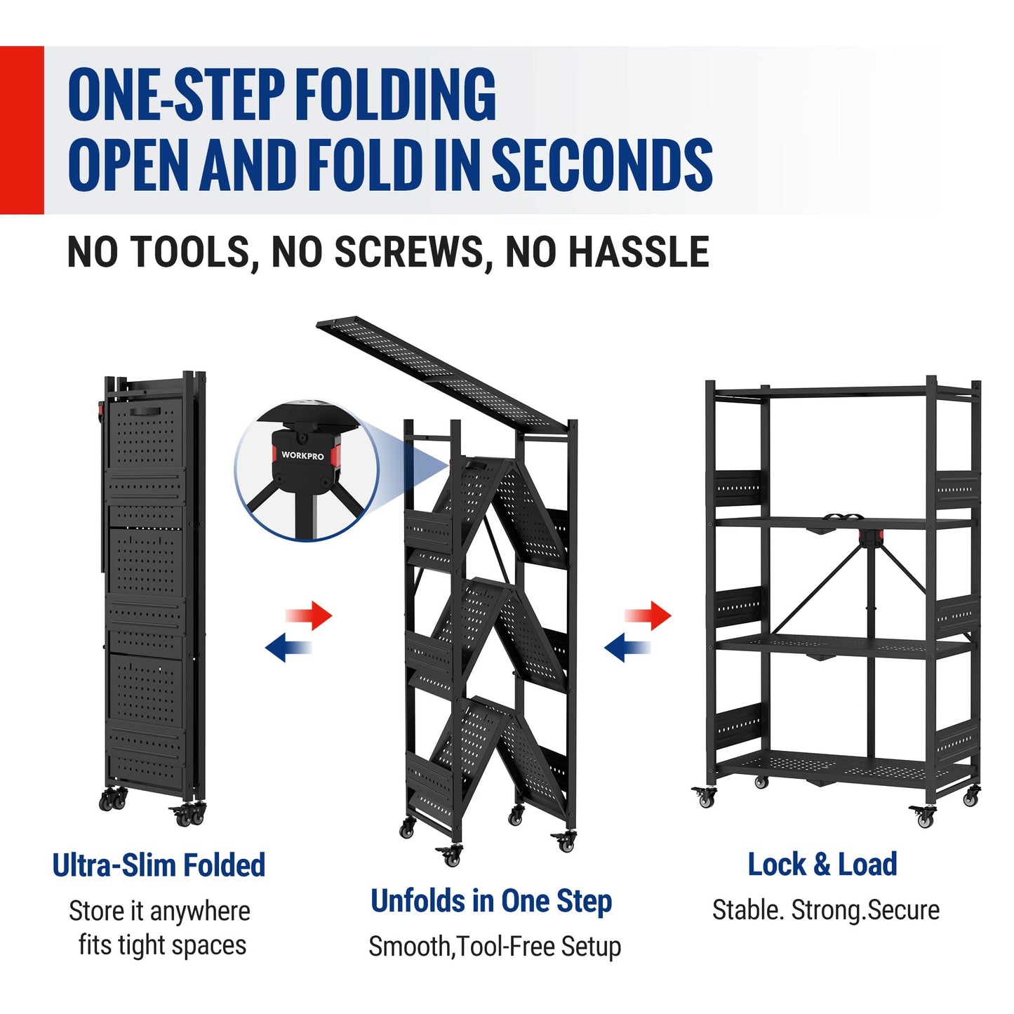 WORKPRO 4-Tier Folding Shelf, No-Assembly Metal Storage Rack with Wheels, 600 lbs Capacity (with
