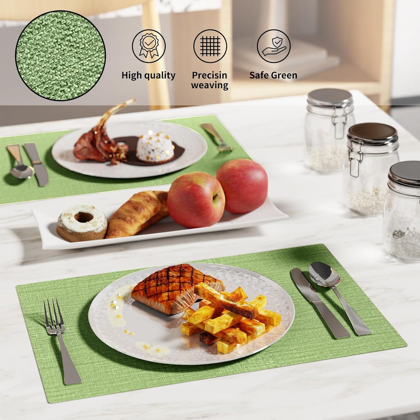 Cloth Placemats, Set of 6 Heat-Resistant Cotton Linen Blend Double Layered Machine Washable Place Mats, Wrinkle Free Thick Fabric Dining Table Mats for Indoors & Outdoors (Grass Green, 6)