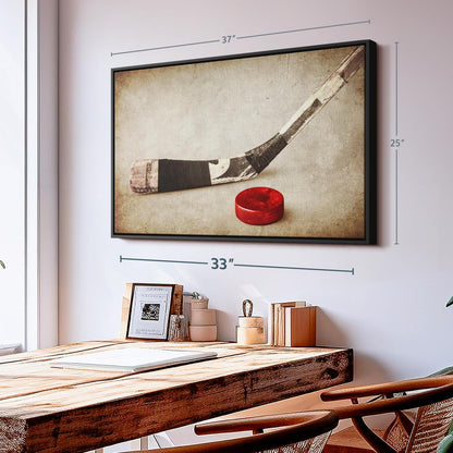 Elephant Stock Vintage Ice Hockey Wall Art - Horizontal Framed Canvas - 1-Piece Hallway Wall Decor - Photography Sports Canvas Print - Brown and Beige Decor for Wall - 37" X 25"