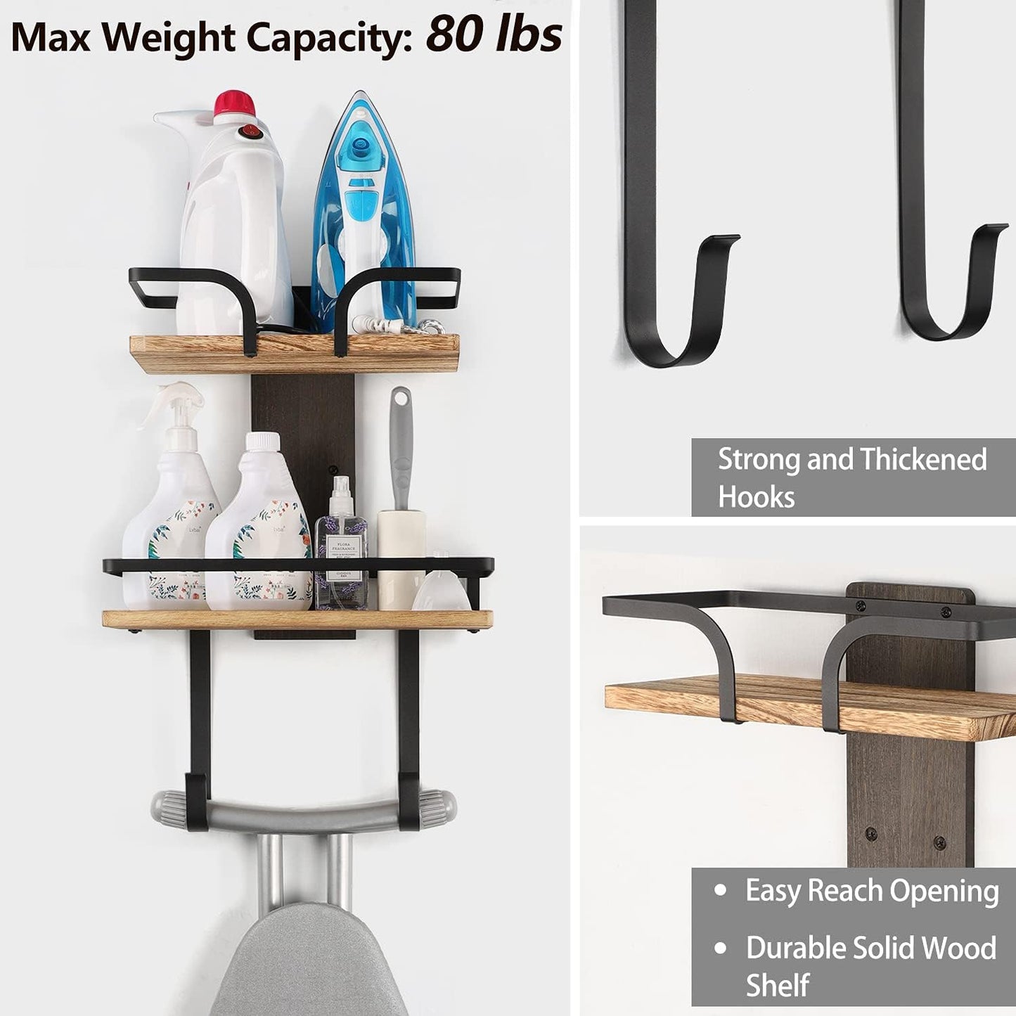 VINAEMO Ironing Board Hanger Wall Mount, 2-Layer Iron and Ironing Board Holder, Laundry Room Shelves Solid Wood with Removable Hooks Home Organization and Storage