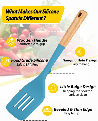 Pack of 2 Large Silicone Spatula, Heat Resistant Solid Turner, Non Stick Slotted Spatulas with Wooden Handle, Ideal Kitchen Utensils for Flipping, Pancakes, Eggs, Fish(BLUE)