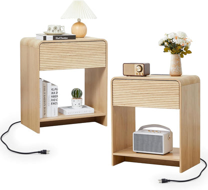Fluted Nightstand Set of 2 with Charging Station, Modern Bed Side Table End Table with Drawer Storage, Large Wooden Night Stands Bedside for Bedroom Living Room Sofa Office, Natural 2 Sets