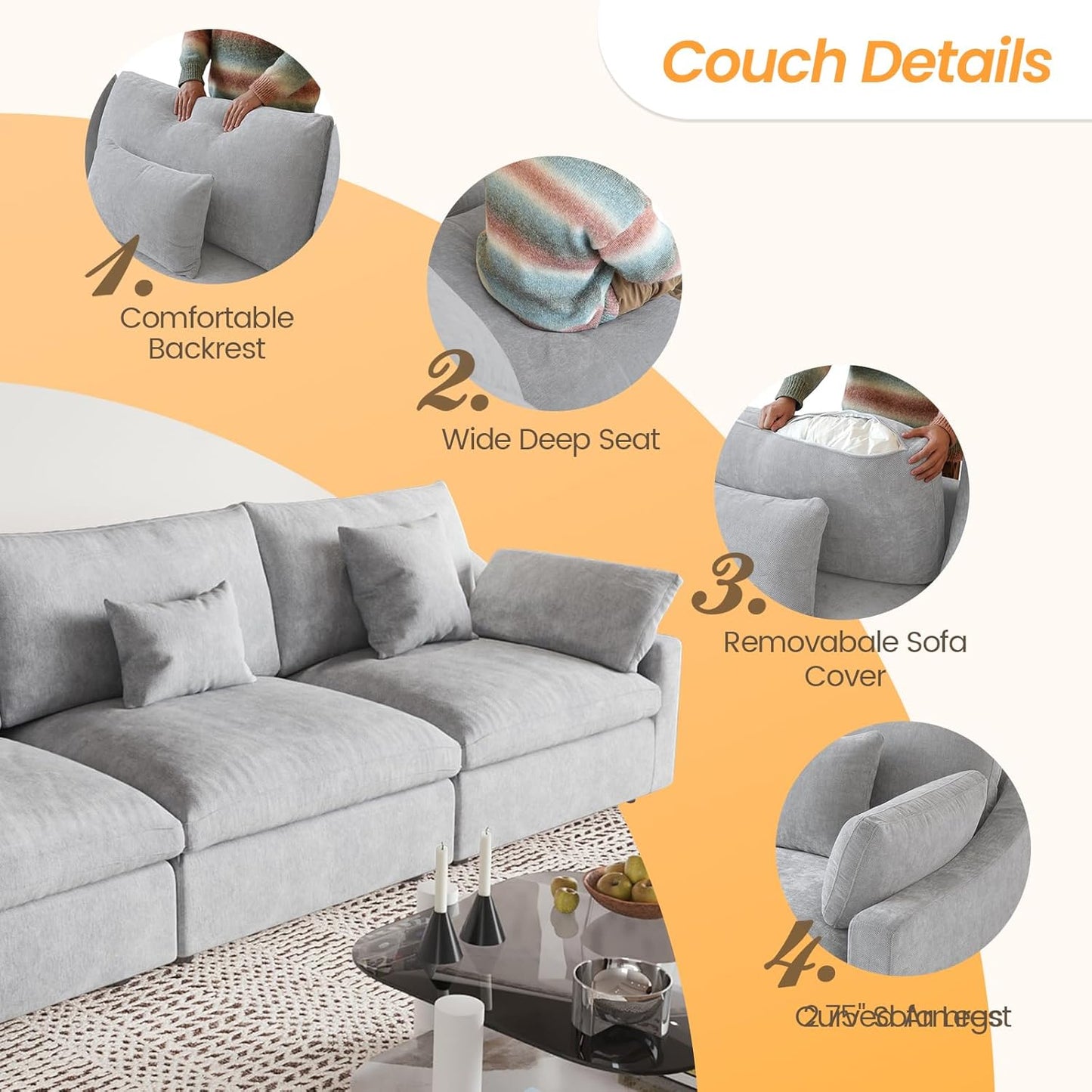 JACH Sectional Couches for Living Room, 3 Seater Cloud Sectional Couch with Deep Seat, Down Filled Modular Sofa, Covers Removeable & Washable, Sofas Furniture for Living Room, Light Grey