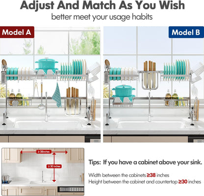 MAJALiS Over Sink Dish Drainer Drying Rack, 2 Tier Stainless Steel Dish Rack Over Sink Sink Length Adjustable (33.5-40 in), Expandable Drainer Shelf Rack with Multifunctional Organizers, Sliver
