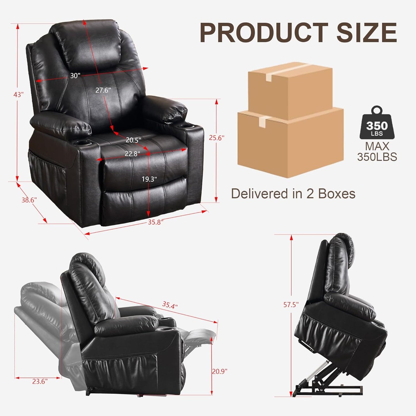 SALOHZA Power Lift Recliner Chair for Elderly with Massage and Heat for Living Room, Electric Recliner Chair for Adults with USB/Type C Port/Cup Holders, PU Faux Leather, Black