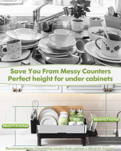 BOOSINY Stainless Steel Dish Drying Rack, Dish Racks for Kitchen Counter, Rust Proof Dish Drainer and Drainboard Set, Small Dryer with Drainage, Utensil Holder and Cup Holder