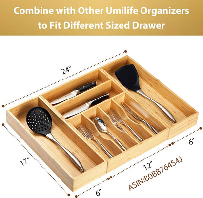 Umilife Bamboo Kitchen Utensils Organizer, Extra Long High Silverware Drawer Holder, Flatware Cutlery Storage Box, Multi-Use Drawer Divider in Office, Bathroom, Pantry - 17"x6"x2.5" (Set of 2)