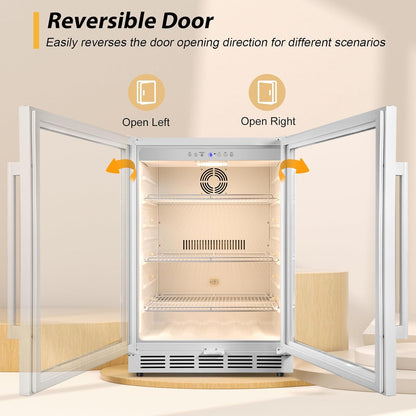 Tylza Beverage Refrigerator 24 Inch, Under Counter/Freestanding Drink Fridge, 190 Cans Beverage Cooler with Glass Door, Reversible Door, Low Noise, Quick Cooling - for Beer, Soda, ETC, White