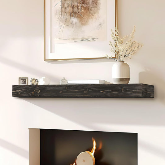 48x8x3 Fireplace Mantel - Handcrafted Hollow Rustic Solid Wood Wall Mounted Floating Shelf with Invisible Heavy Duty Wood Bracket (Weathered Black)