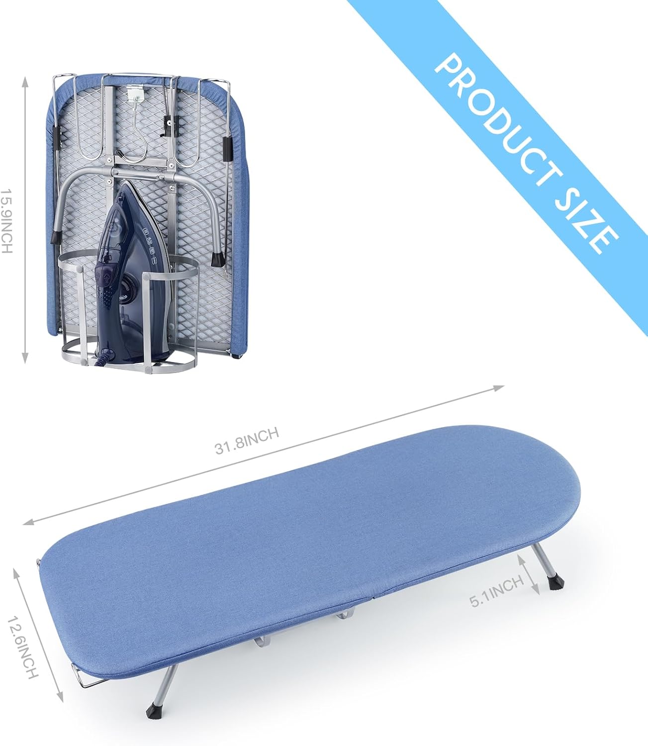 BiJun Small Ironing Board, Foldable Table Top Ompact Portable Mini Ironing Board w/Iron Rest, Set for Dorm Rooms, RVs, Travel Apartments Blue