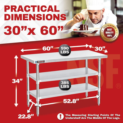 DuraSteel Food Prep Stainless Steel Table - 30 x 60 Inch Commercial Metal Workbench with Adjustable Under Shelf - NSF Certified - for Restaurant, Warehouse, Home, Kitchen, Garage