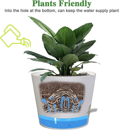 Self Watering Pots for Indoor Plants,12 inch Planters with Drainage Holes Plastic Flower Pots with Deep Reservoir, White
