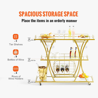 VEVOR Bar Cart Gold, 3 Tiers Home Bar Serving Cart on Lockable Wheels, Rolling Alcohol Cart with Tempered Glass Shelves Guardrail Wine Rack, Modern Wine Cart for Home Kitchen Dining and Living Room