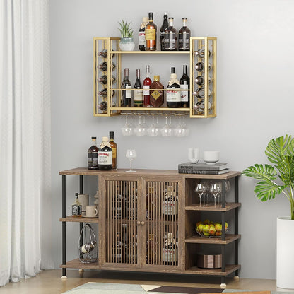Wall Mounted Wine Rack, Hanging Floating Bar Liquor Shelves with Glass Holder, Metal Bottle Holder Wine Storage Display Shelf for Home Bar, Gold
