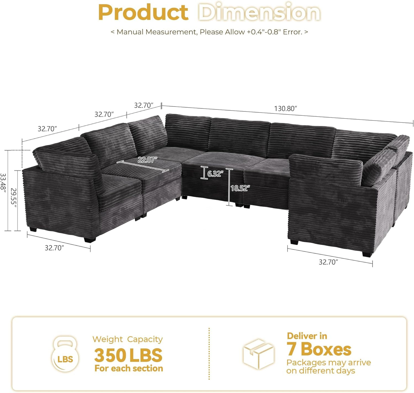 HOOOWOOO Modular Sectional Sofa,7 Pieces Sectional Couches for Living Room,131X98 U Shaped Cloud Couch Set(Grey Velvet Corduroy)