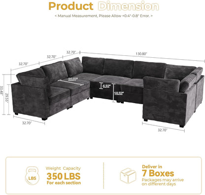HOOOWOOO Modular Sectional Sofa,7 Pieces Sectional Couches for Living Room,131X98 U Shaped Cloud Couch Set(Grey Velvet Corduroy)