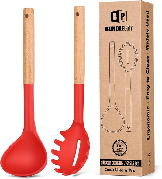 Silicone Pasta Fork and Ladle Spoon Set with Wooden Handle, Heat Resistant Non Stick Kitchen