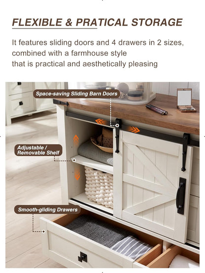 T4TREAM Farmhouse Dresser for Bedroom w/4 Drawers & Sliding Barn Doors, 48'' Wide Chest of Drawers, Rustic Dresser TV Stand w/Shelf, Organizer for Bedroom, Living Room, Entryway, Antique White