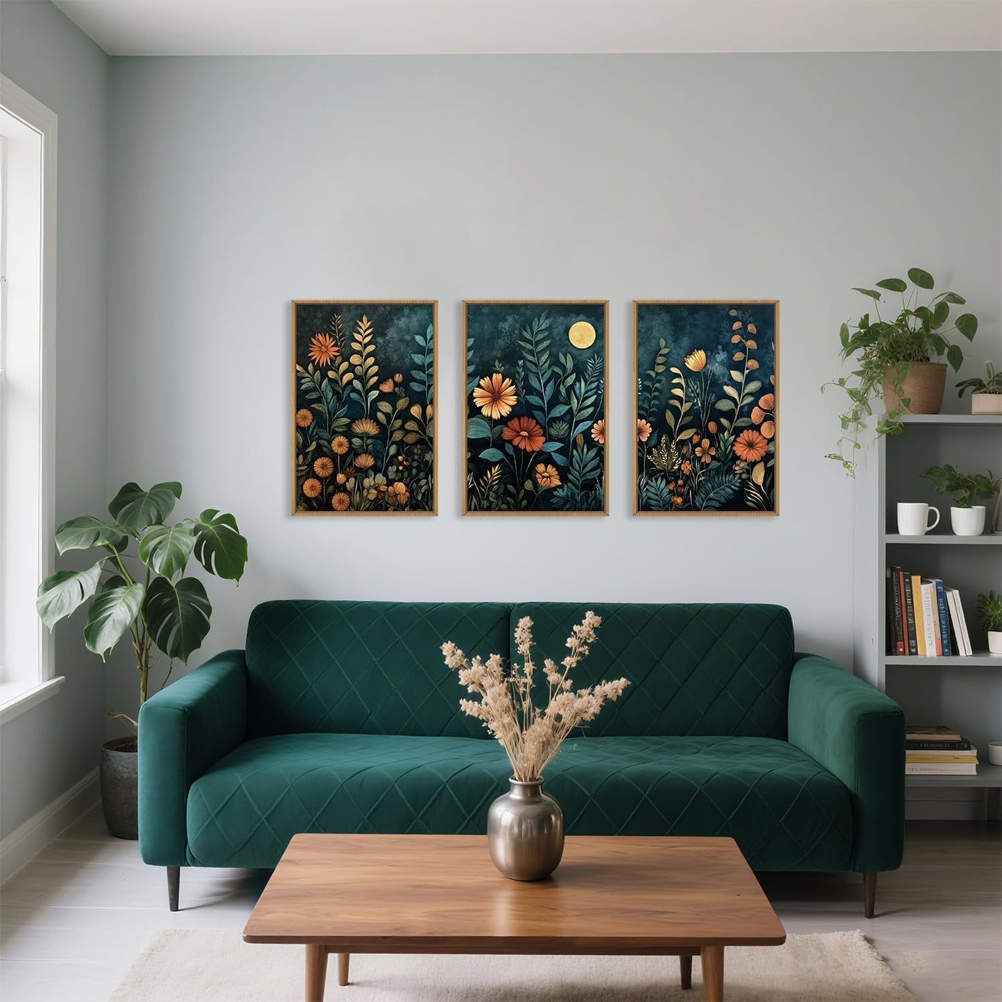 Celestdeco Vintage Dark Botanical Framed Canvas Wall Art Set, Colorful Floral Wall Decor, Nature Wildflower Wall Painting, Colorful Blossom Art Prints for Living Room, Bedroom, Office - 24"X36"X3