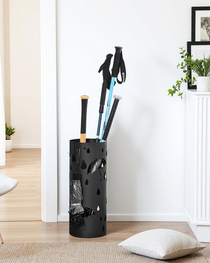SONGMICS Umbrella Stand, Metal Umbrella Holder for Entryway, with Water Tray and 4 Hooks, 7.7 x 7.7