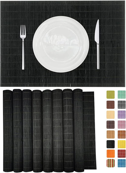 ANDSTAR Set of 8 Pcs Bamboo Placemats Sushi Rolling Mat Japanese Style Natural Anti-Slip Bamboo Placemats Washable Heat-Resistant Table Mats for Dining Room and Kitchen（Black）