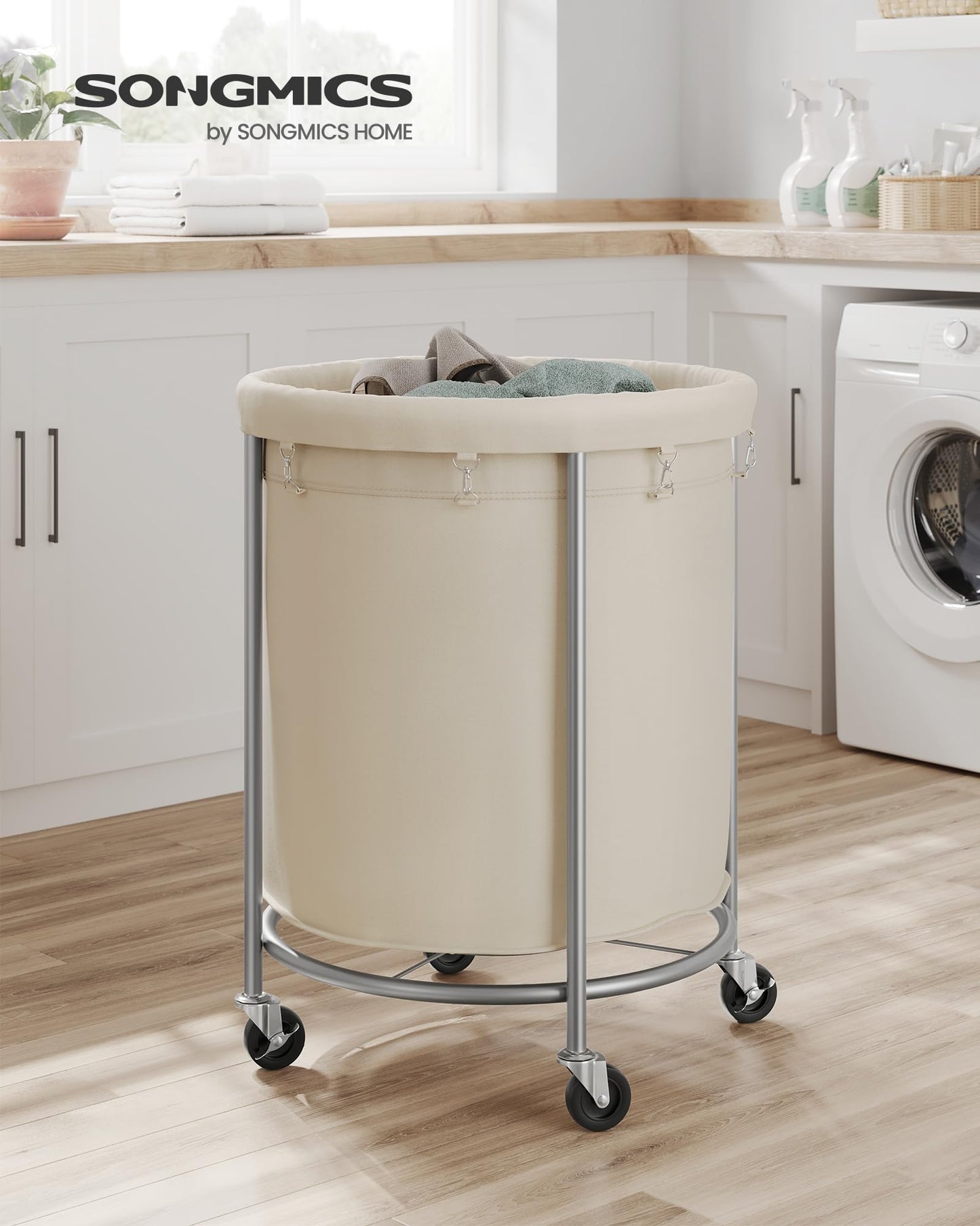 SONGMICS Laundry Basket, Rolling Steel Frame with 2 Locking Wheels, 190 L